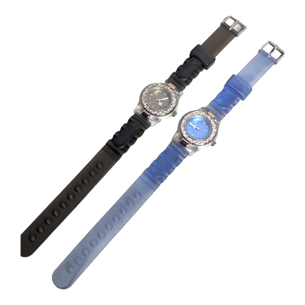 Lot of 2 Avon Black & Blue Silicone Band Fashion Watch‎ with Rhinestone Bezels